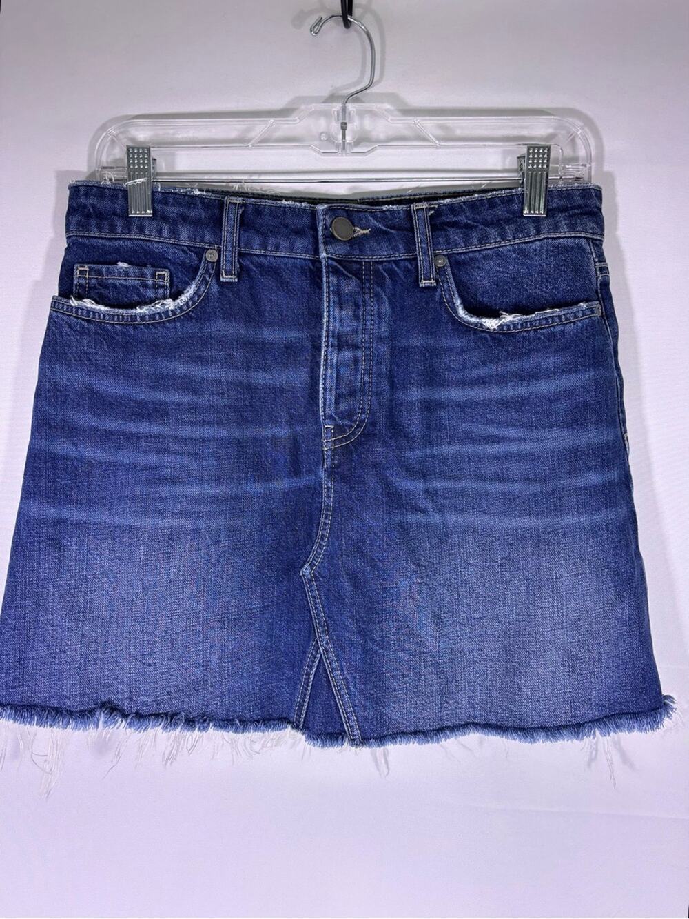 PAIGE Denim Mini Skirt Raw Hem Button Fly Blue Jean Skirt Size 29